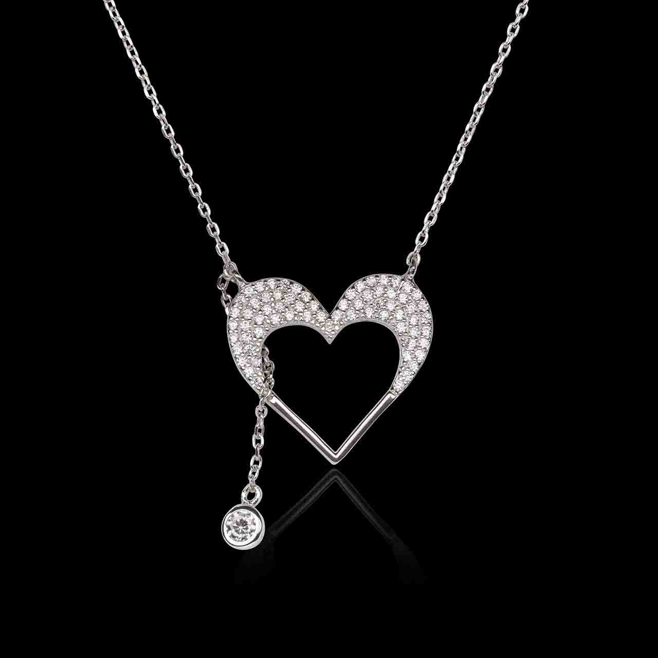 Collana Con Ciondolo Cuore In Cristallo E Diamante – Placcato Argento – Gioiello Donna - Foto 3