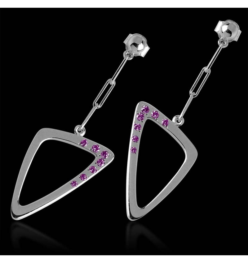 Boucles d’oreilles chaîne maille pavage saphir rose en or blanc 18K (5g) Triangle