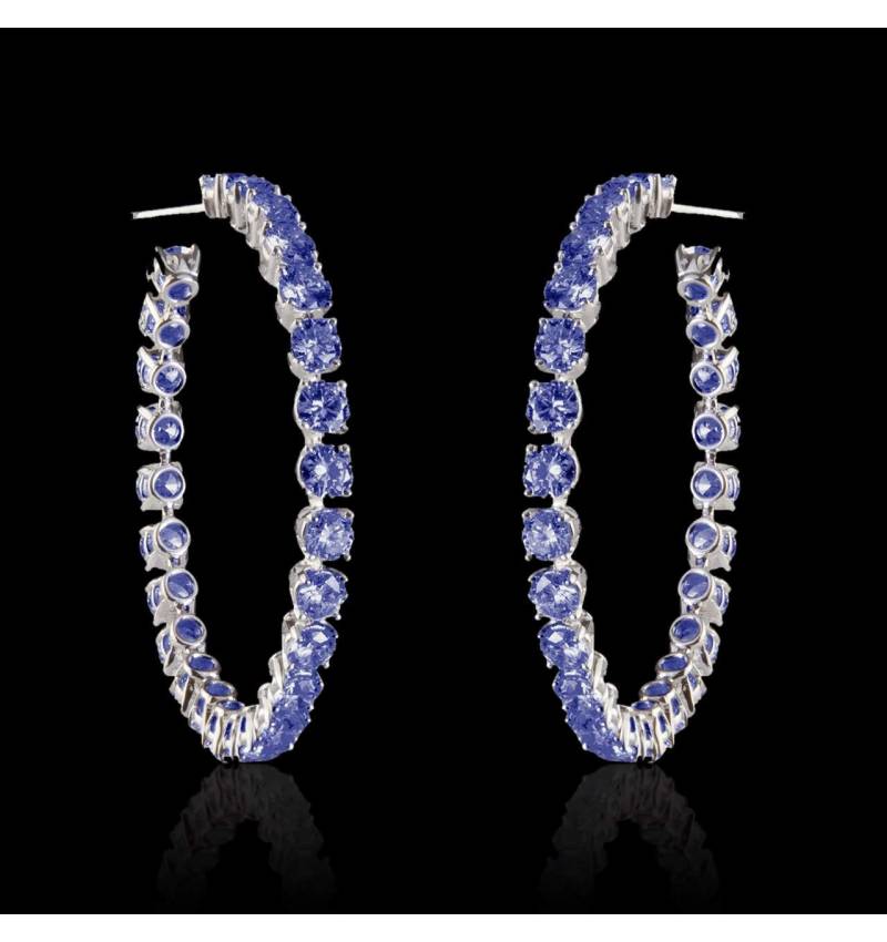 Boucles d’oreilles pavage saphir bleu or blanc 18 K (6,6g) Créoles