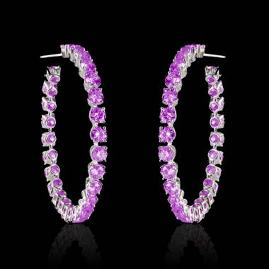 Boucles d’oreilles pavage saphir rose or blanc 18 K (6,6g) Créoles