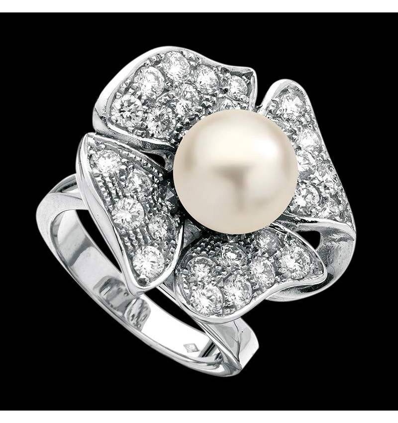 Bague de fiançailles perle blanche pavage diamant or blanc Eternal Flower