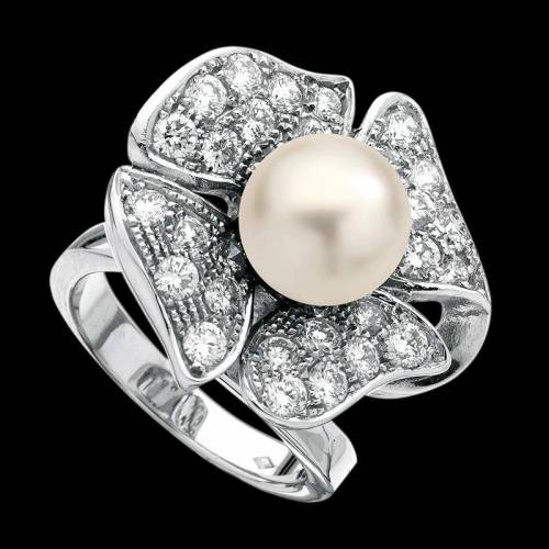 Bague de fiançailles perle blanche pavage diamant or blanc Eternal Flower