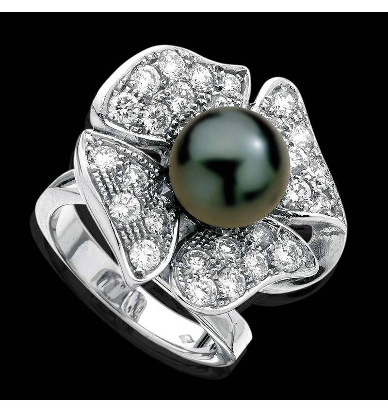 Bague de fiançailles perle Tahiti noire pavage diamant or blanc 18K Eternal Flower