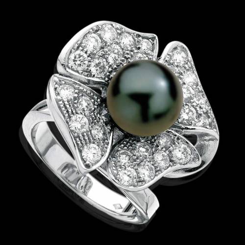 Bague de fiançailles perle Tahiti noire pavage diamant or blanc 18K Eternal Flower