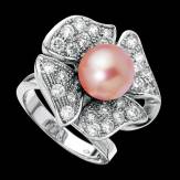 Bague de fiançailles perle rosée pavage diamant or blanc 18 K Eternal Flower