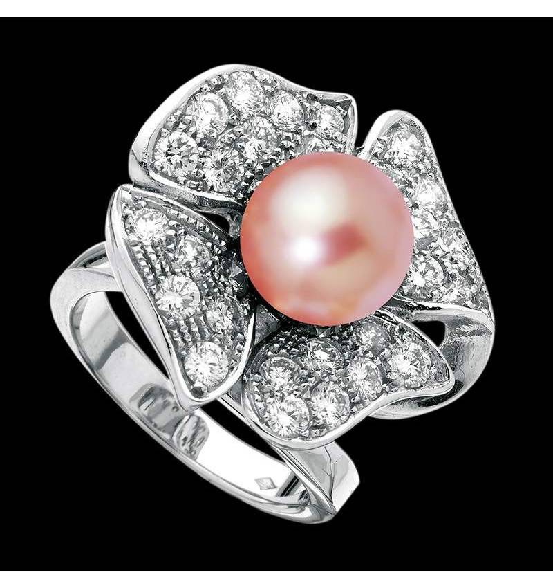 Bague de fiançailles perle rosée pavage diamant or blanc 18 K Eternal Flower