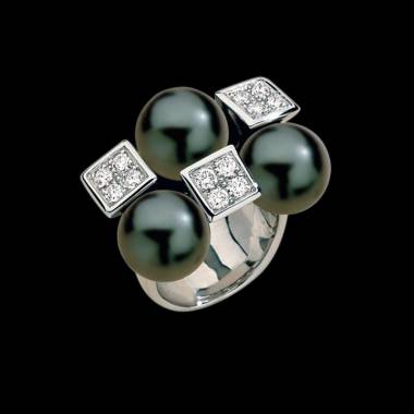 Bague de fiançailles perle Tahiti noire pavage diamant or blanc 18K Archipel