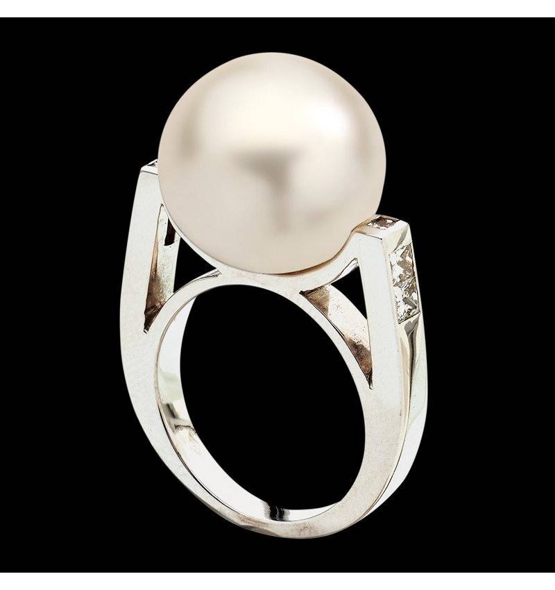 Bague de fiançailles perle blanche pavage diamant or blanc 18K Archipel