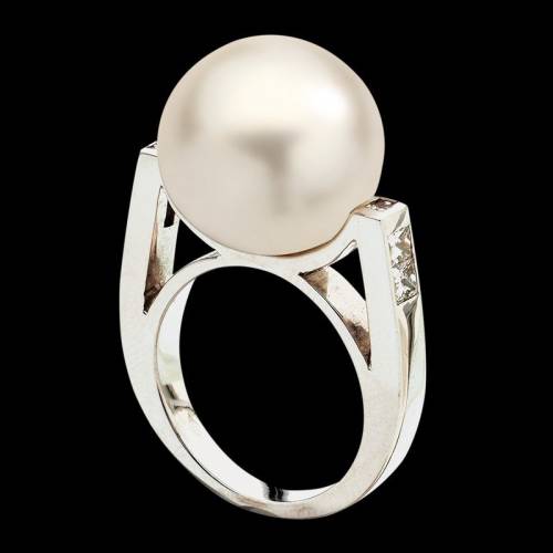 Bague de fiançailles perle blanche pavage diamant or blanc 18K Archipel