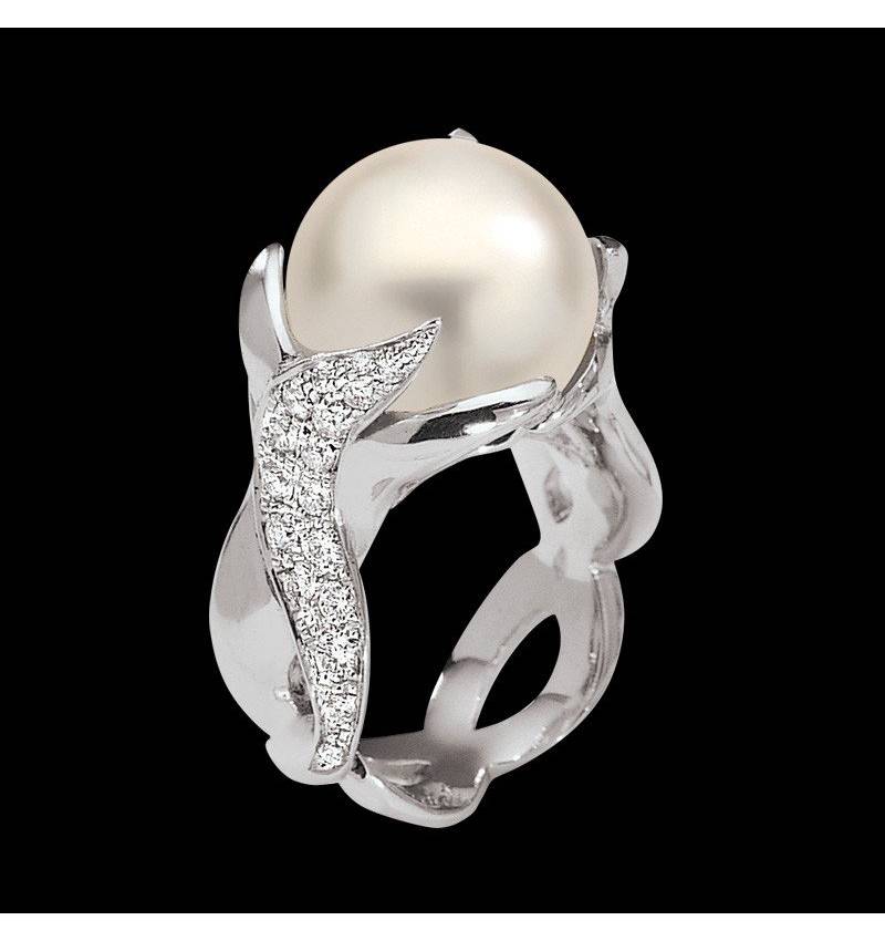 Bague de fiançailles perle blanche pavage diamant or blanc 18K Naïade