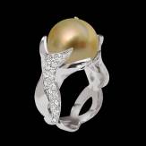 Bague de fiançailles perle gold pavage diamant or blanc 18K (16,40 g) Naïade