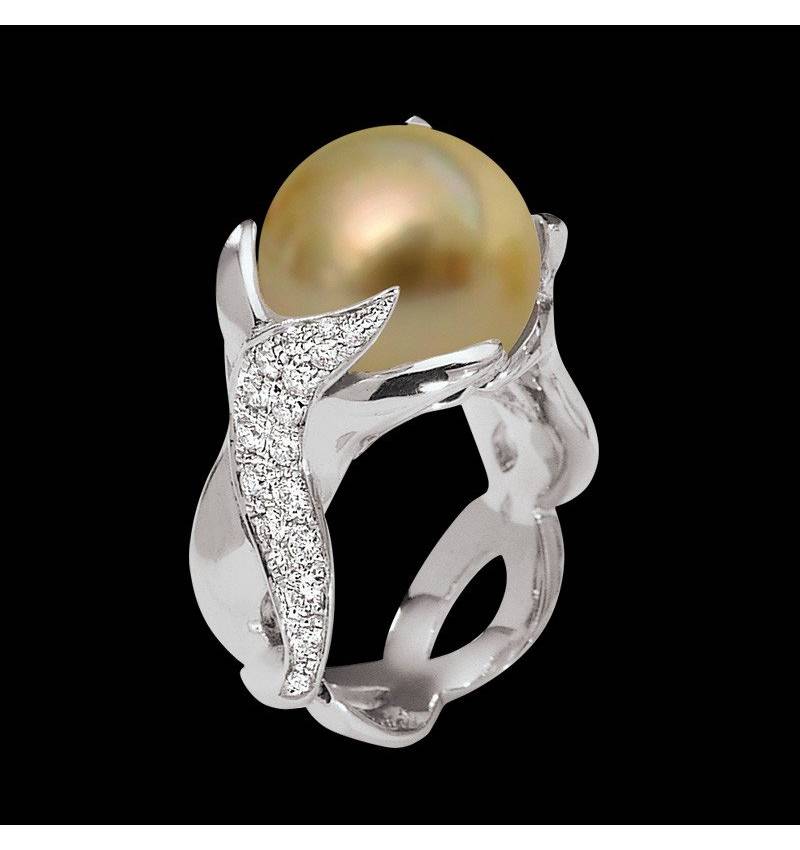 Bague de fiançailles perle gold pavage diamant or blanc 18K (16,40 g) Naïade