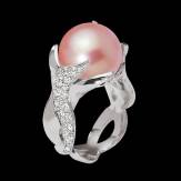 Bague de fiançailles perle rosée pavage diamant or blanc 18 K (16,40 g) Naïade