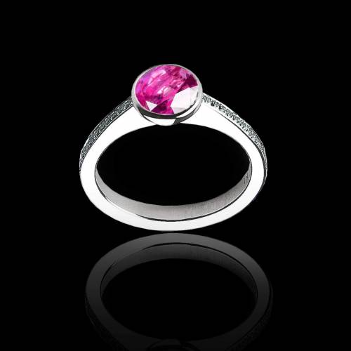 Bague de fiançailles saphir rose rond pavage diamant or blanc Moon