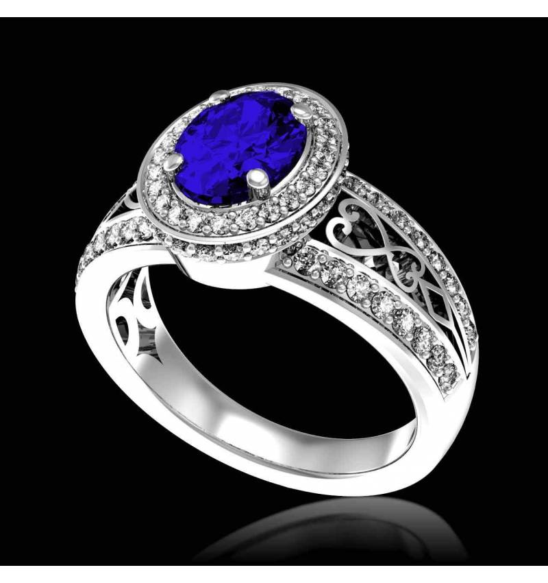 Bague de fiançailles saphir bleu pavage diamant or blanc Tsarine