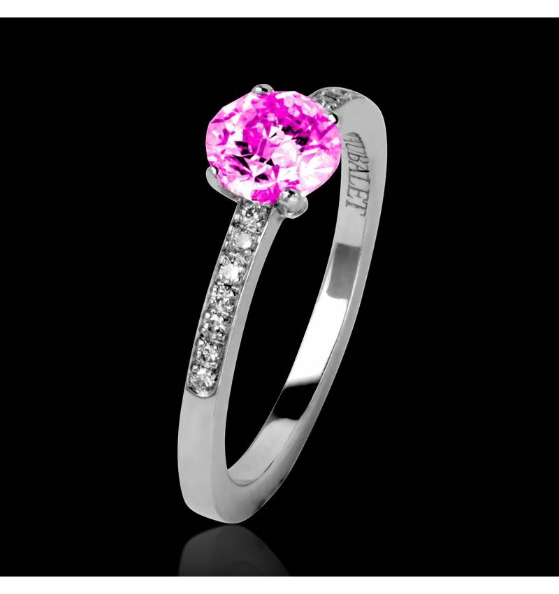 Bague de fiançailles saphir rose pavage diamant or blanc Judith