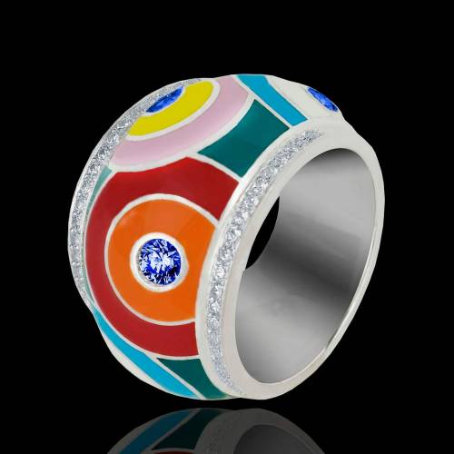 Bague saphir bleu pavage diamants or blanc laque Color Pop