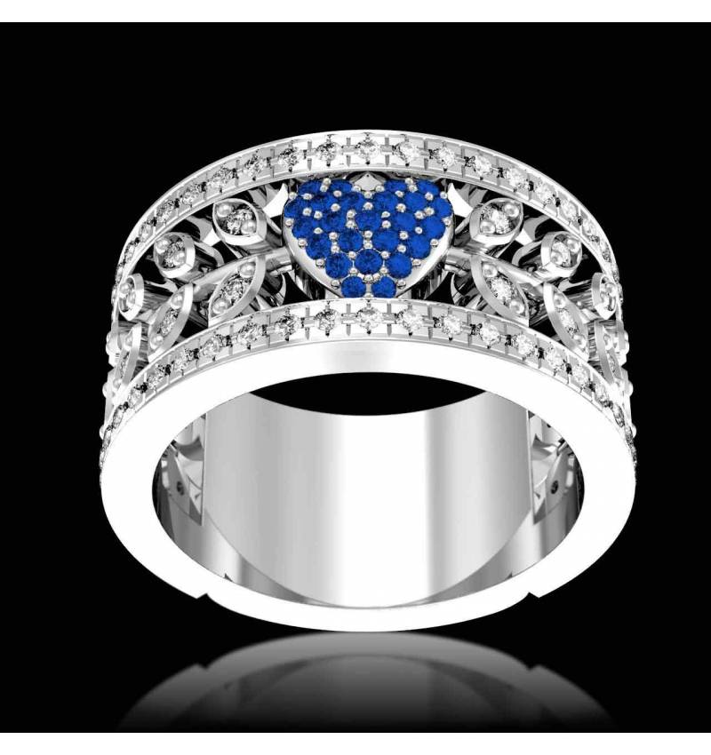 Bague de fiançailles saphir bleu pavage diamant or blanc Flowers of Love