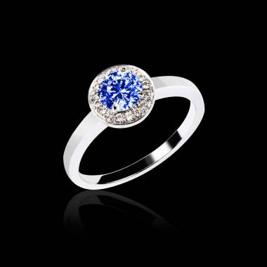 Bague de fiançailles saphir bleu pavage diamant or blanc Rekha Solo