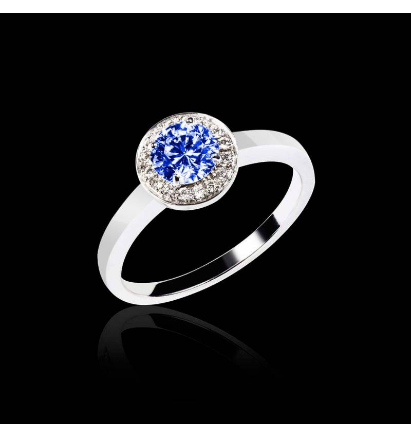 Bague de fiançailles saphir bleu pavage diamant or blanc Rekha Solo