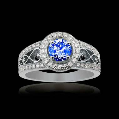 Solitaire saphir bleu pavage diamant or blanc Tsarine