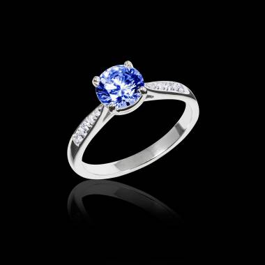 Bague de fiançailles saphir bleu pavage diamant or blanc Angela