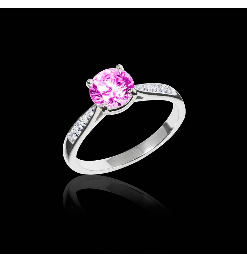 Bague de fiançailles saphir rose pavage diamant or blanc Angela