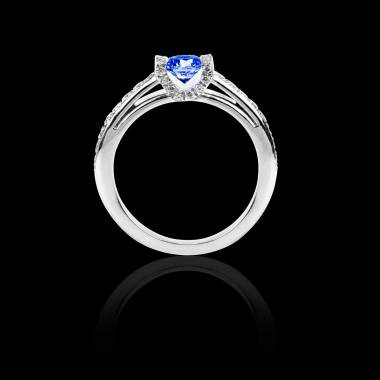 Solitaire saphir bleu pavage diamant or blanc Hera