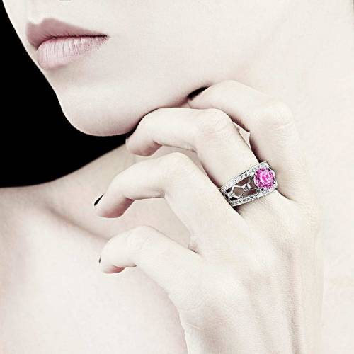 Bague de fiançailles saphir rose forme rond pavage diamant or blanc Régina Suprema 