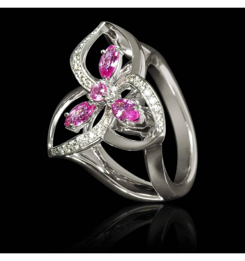 Bague de fiançailles saphir rose pavage diamant or blanc Estelle