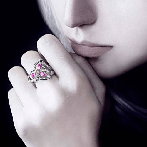 Bague de fiançailles saphir rose pavage diamant or blanc Estelle