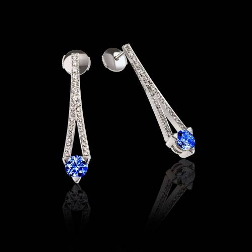 Boucles d’oreilles saphir bleu pavage diamant or blanc Plena Luna