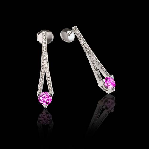 Boucles d’oreilles saphir rose pavage diamant or blanc Plena Luna