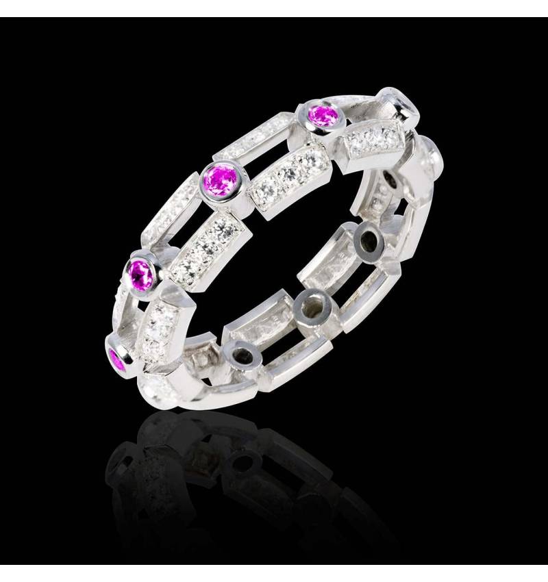 Bague de fiançailles saphir rose 1 carat pavage diamant or blanc Terre