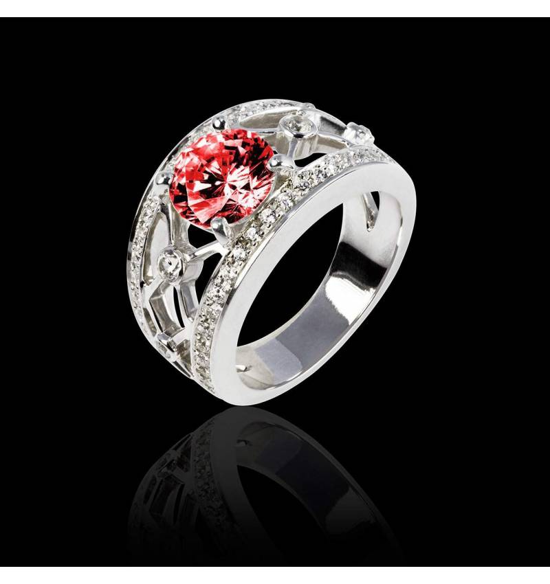 Bague de fiançailles rubis forme rond pavage diamant or blanc Régina Suprema 