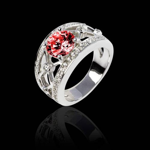 Bague de fiançailles rubis forme rond pavage diamant or blanc Régina Suprema 