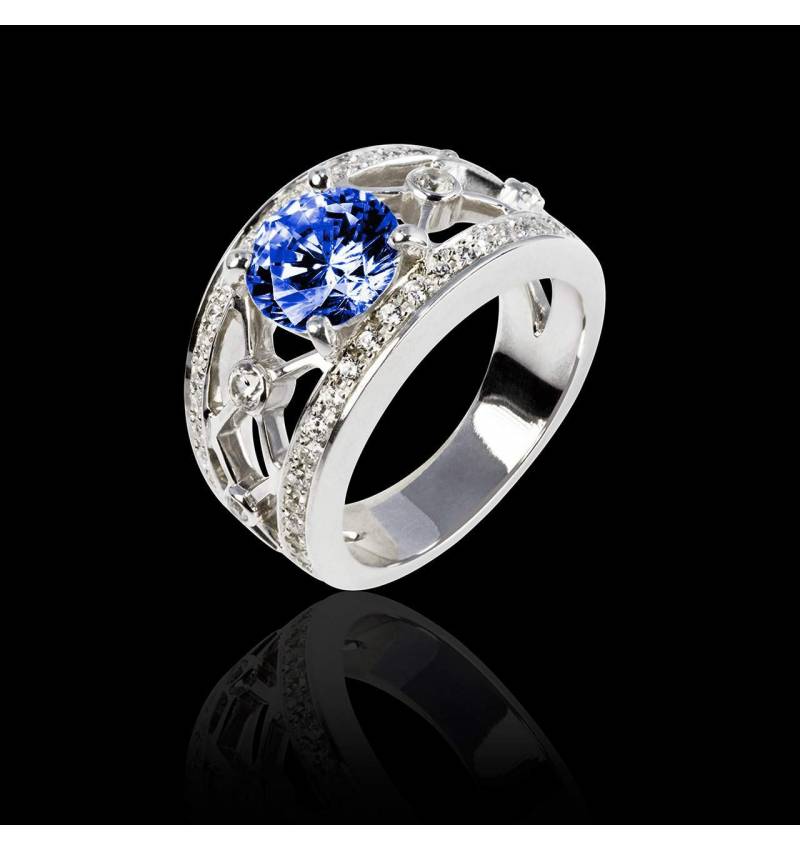 Bague de fiançailles saphir bleu forme rond pavage diamant or blanc Régina Suprema 