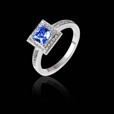 Bague de fiançailles saphir bleu pavage diamant or blanc Perrine