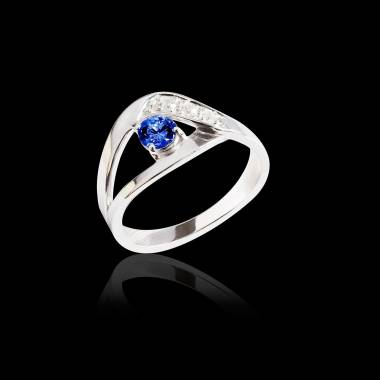 Bague de fiançailles saphir bleu pavage diamant or blanc Anaelle