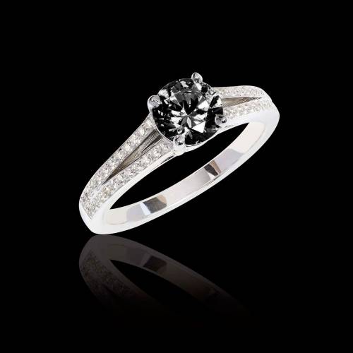 Bague de fiançailles diamant noir pavage diamant or blanc Marie 