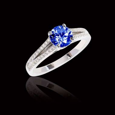 Bague de fiançailles saphir bleu pavage diamant or blanc Marie