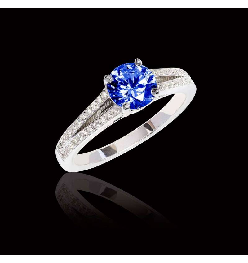 Bague de fiançailles saphir bleu pavage diamant or blanc Marie