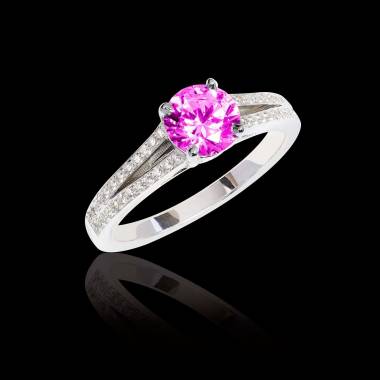 Bague de fiançailles saphir rose pavage diamant or blanc Marie 