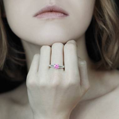 Bague saphir rose pavage diamant or blanc Marie 