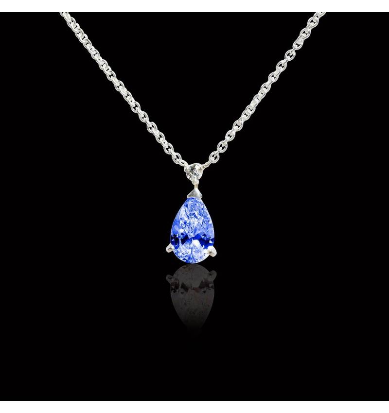 Pendentif saphir bleu pavage diamant or blanc Goutte d’amour