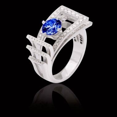 Bague de fiançailles saphir bleu pavage diamant or blanc Romanesque