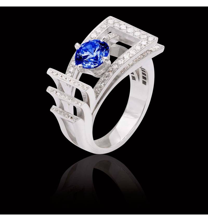 Bague de fiançailles saphir bleu pavage diamant or blanc Romanesque