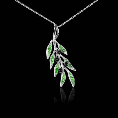 Pendentif pavage tsavorite et olives en onyx noire or blanc 18 K (4,5 g) Branche d’Olivier