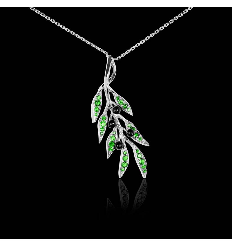 Pendentif pavage tsavorite et olives en onyx noire or blanc 18 K (4,5 g) Branche d’Olivier