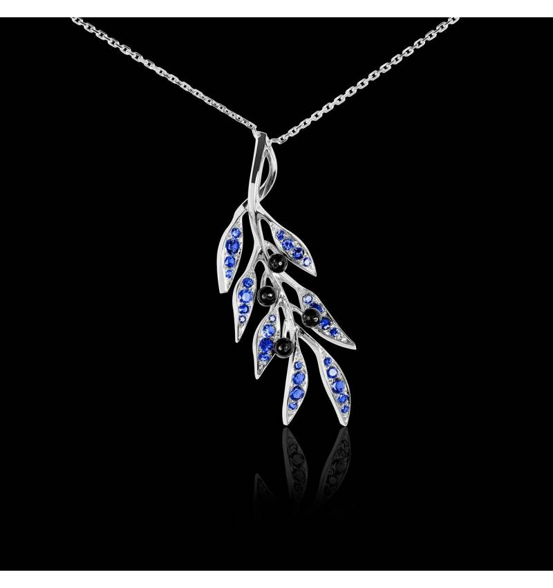 Pendentif pavage saphir bleu et olives en onyx noire or blanc 18K (4,5 g), chaîne en or 18K Branche d’Olivier